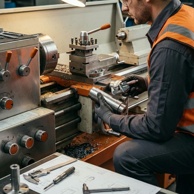 Machinist using lathe