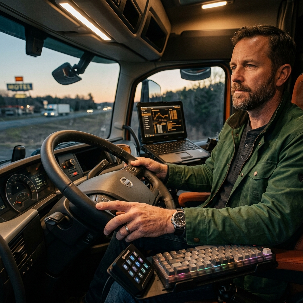 Truck driver in cab with subtle tech detail